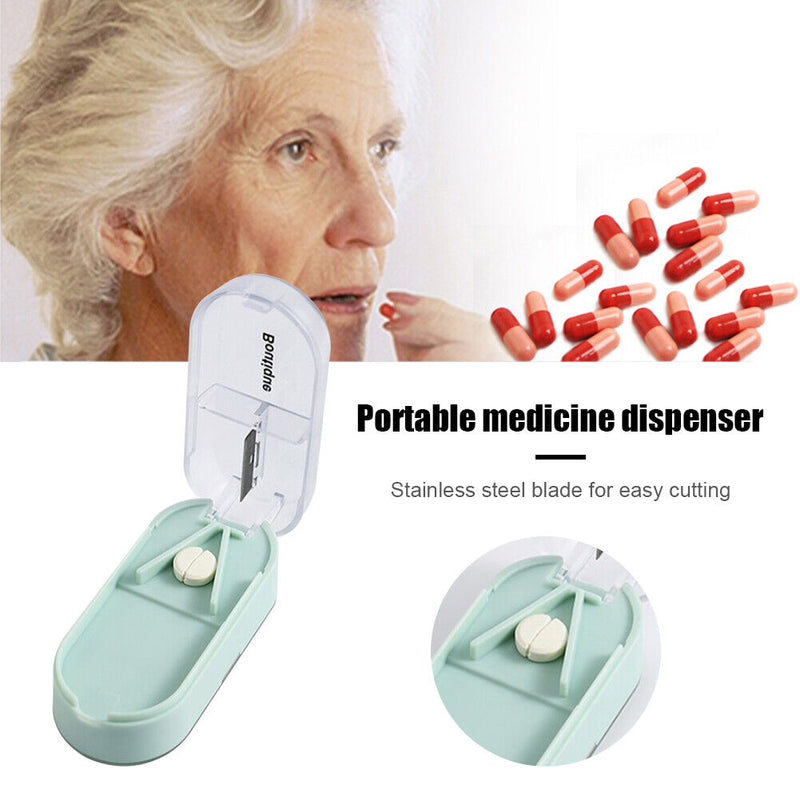Portable Medicine Organizer Case Rectangular Pill Cutter Storage Box Containe