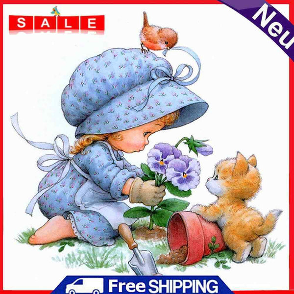 Handmade Painting Girl Flower Cat Art Mosaic Kit Diamond DIY 5D Round Full Drill