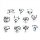 11x Crescent Turquoise Ring Owl Knuckle Finger Combination Ring Jewelry Set
