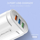 EU Plug 3 Port USB Charger QC3.0 Wall Phone Fast Charging Adapter (White)
