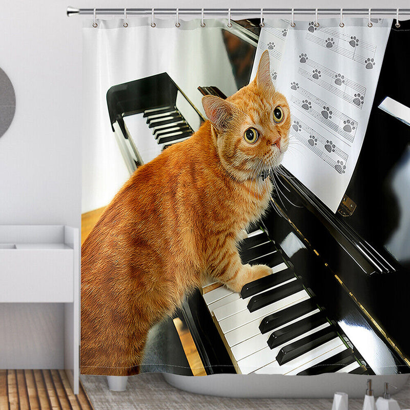 Cat Playing Piano Shower Curtain Anti Splash Bathroom Curtain Hanging Covers
