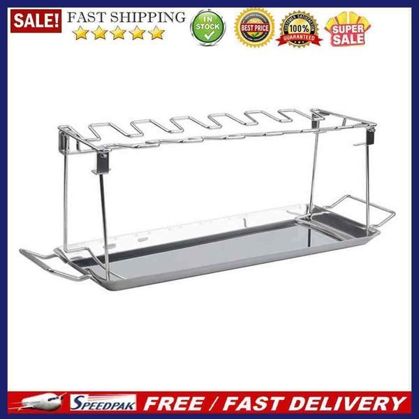 Folding Chicken Wing Leg Rack+Tray Stainless Steel Grill Roaster Stand BBQ