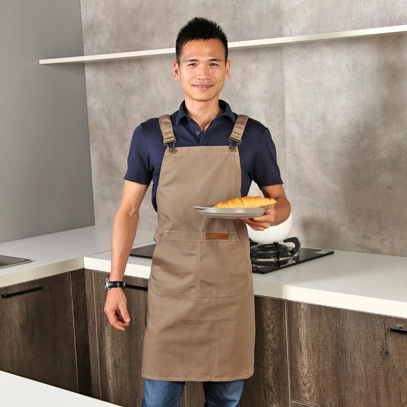 Simple Unisex Apron Adjustable Cotton Waterproof Kitchen Pinafore (Coffee)
