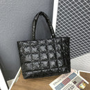 Women Lattice Solid Color Nylon Shopping Bag Casual Large Capacity Shoulder Bags
