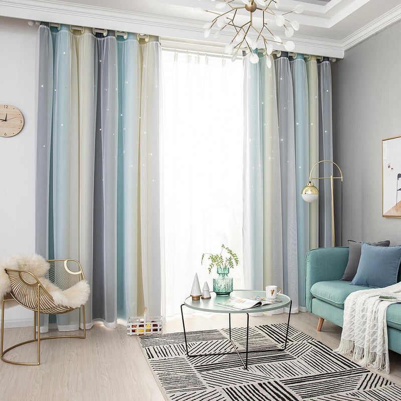 Gradient Hollow Star Curtain Bedroom Full Blackout Window Drapes (Beige)