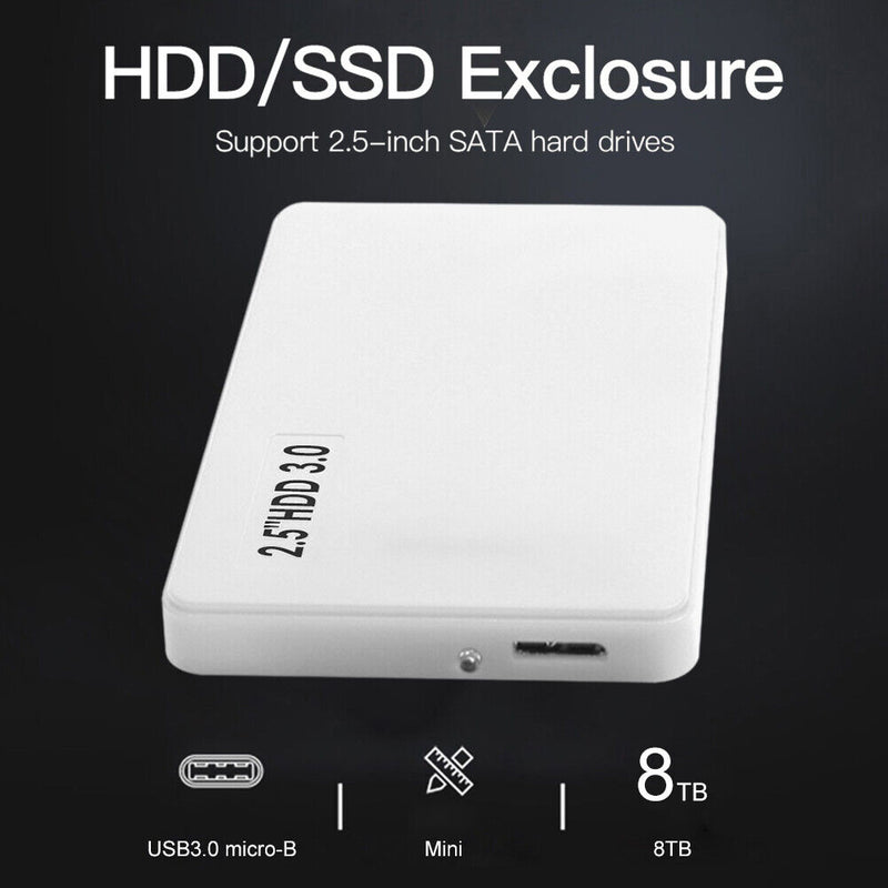 2.5 HDD SSD Case SATA to USB 3.0 Hard Drive Enclosure Support 8TB (White)