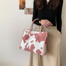 Women Leather Plush Print Handbag Winter Retro Large Capacity Tote Shopping Bags