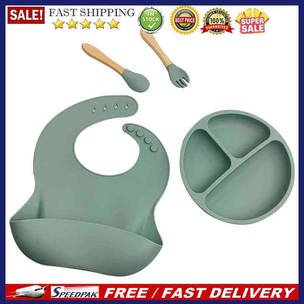 4x Silicone Food Plates Set Non Slip Baby Feeding Food Accessories (Olive Green)
