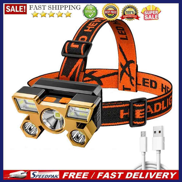 USB Rechargeable 5 LED Headlamp 4 Gears Outdoor Waterproof Warning Head Tor