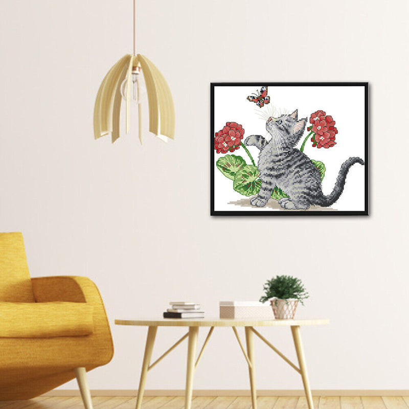 14CT Printed Partial Cross Stitch Handcraft Flower Cat Artwork Wall Decor