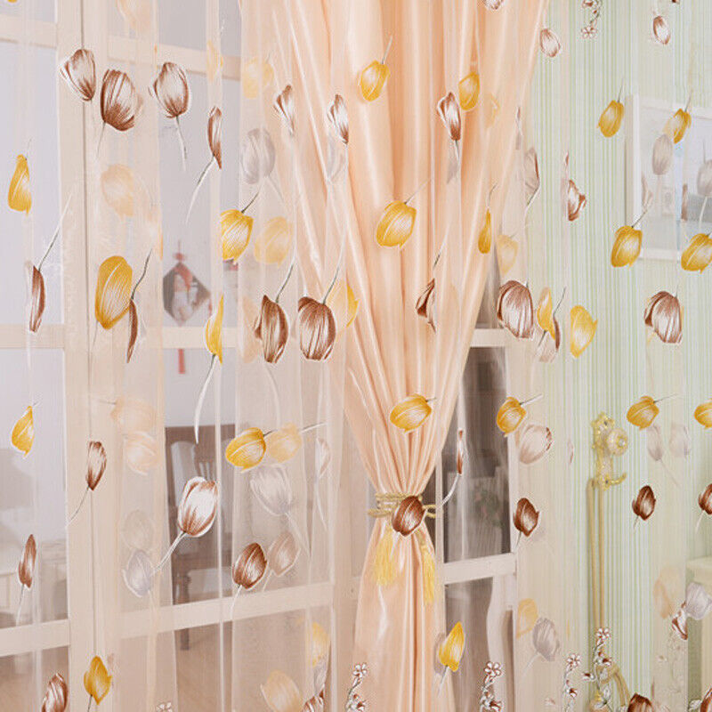 Tulip Flower Yarn Sheer Window Curtain Scarf Drapes for Bedroom (Orange)