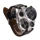 Men OULM Military Army Dual Time Zones Big Dial Leather Sports Watch Black Newly