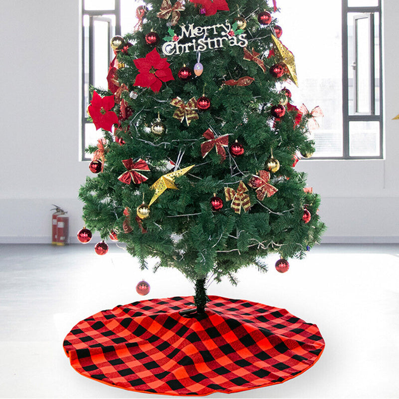 Christmas Tree 35 inch Cover Carpet Skirt Black Red Plaid Xmas Home Ornaments