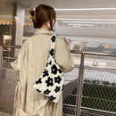Fashion Women Flower Print Plush Shoulder Bag Winter Large Handbags (Black)