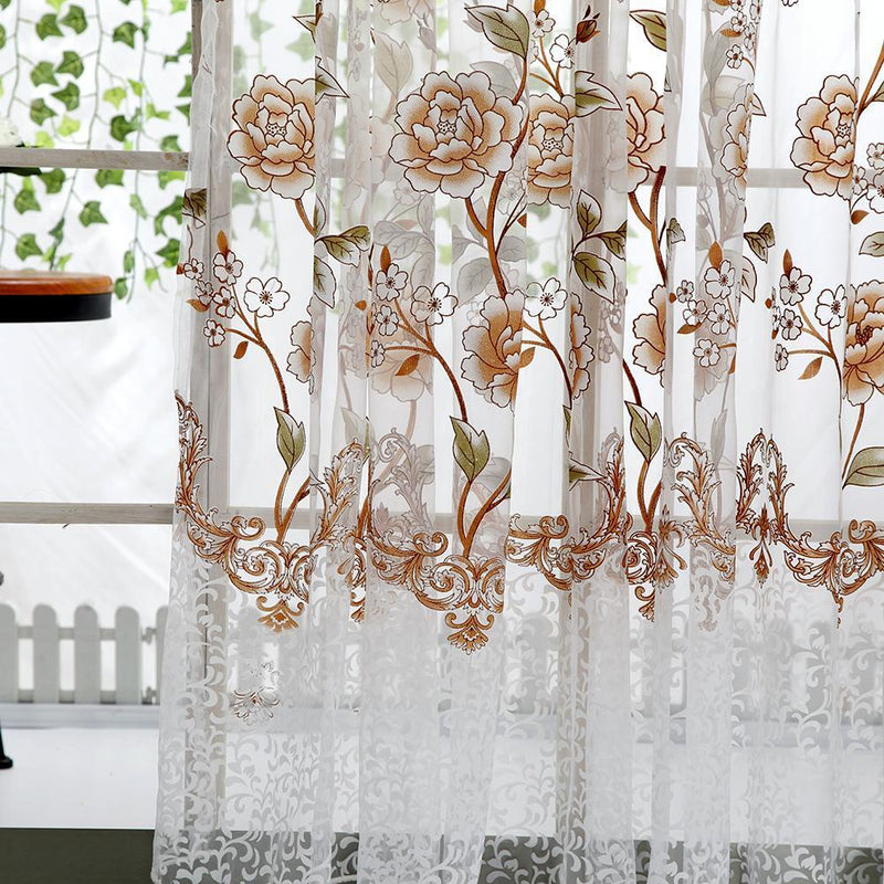 2PCS Peony Curtain Living Room Bedroom Home Door Window Curtain (Coffee)