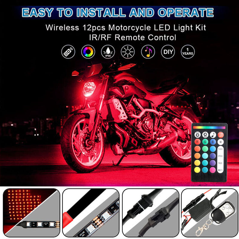 12pcs/set Motorcycle RGB LED Strip Kit RF Remote Control Underglow Lights Newly