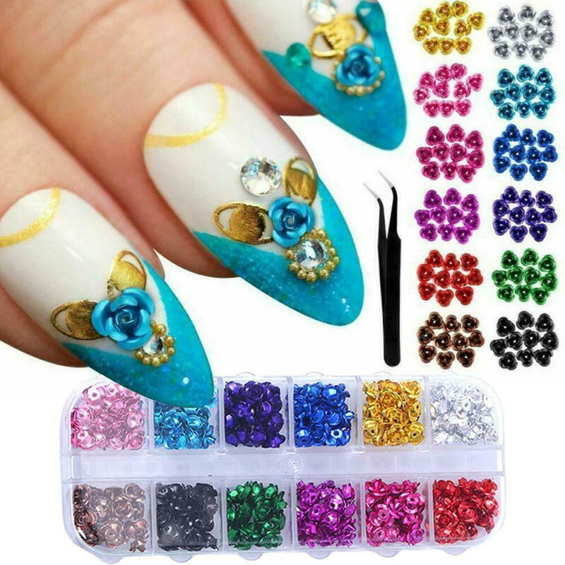 1set Nail Art Flowers Decor DIY Rose Glitter Nail Jewelry w/ Tweezer F6J1
