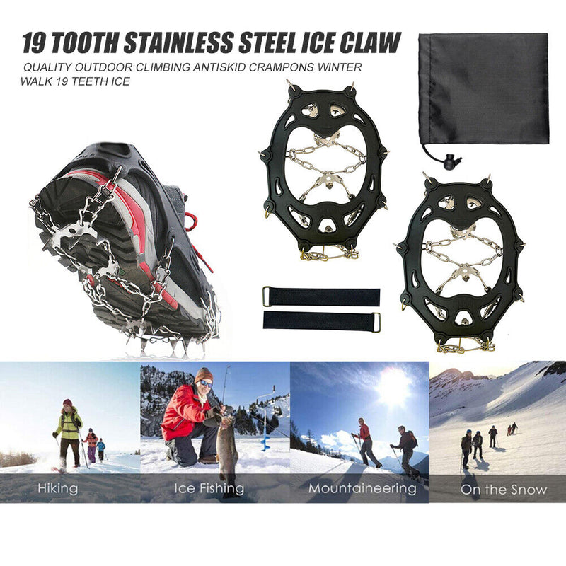 19 Studs Ice Gripper Spikes Stainless Steel Climbing Crampons (Black XL)