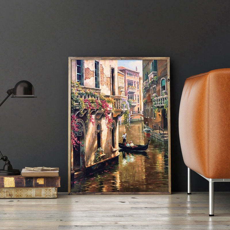 Hand Paint Painting By Numbers Kit River of The Town Oil DIY Canvas Drawing