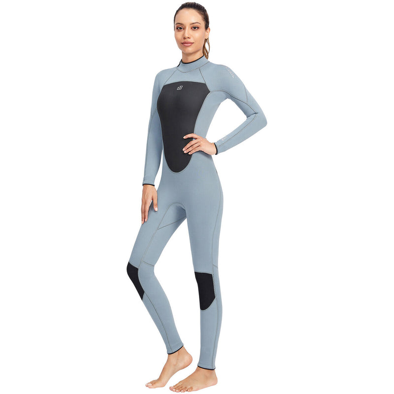 3mm Neoprene Wetsuit Women Back Zipper Full Diving Suits (Light Grey S) Newly