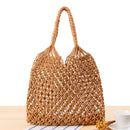 Beach Straw Shoulder Bag Womens Woven Summer Vacation Cotton Hollow Fishnet Tote
