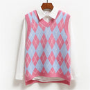 Y2K Preppy Style V Neck Knitwear top Plaid Knitted Sweater Vest Sleeveless