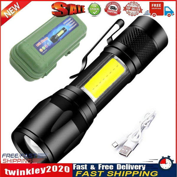 XPE+COB LED Flashlight USB Rechargeable IPX4 3 Modes Emergency Torch Light Newly