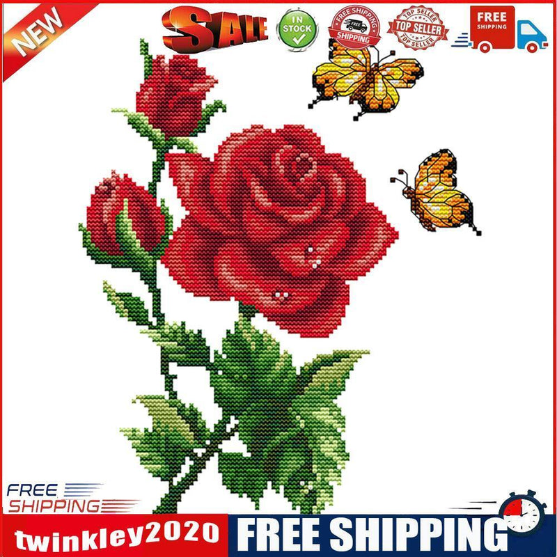 14CT Stamped Cross Stitch Kit DIY Red Flower Embroidery Home Decor (H615)