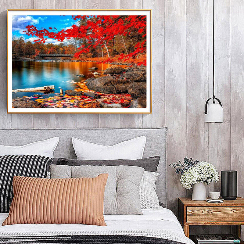 Handmade Canvas DIY Painting By Numbers Maple by Lake Kit Oil Drawing Ornaments