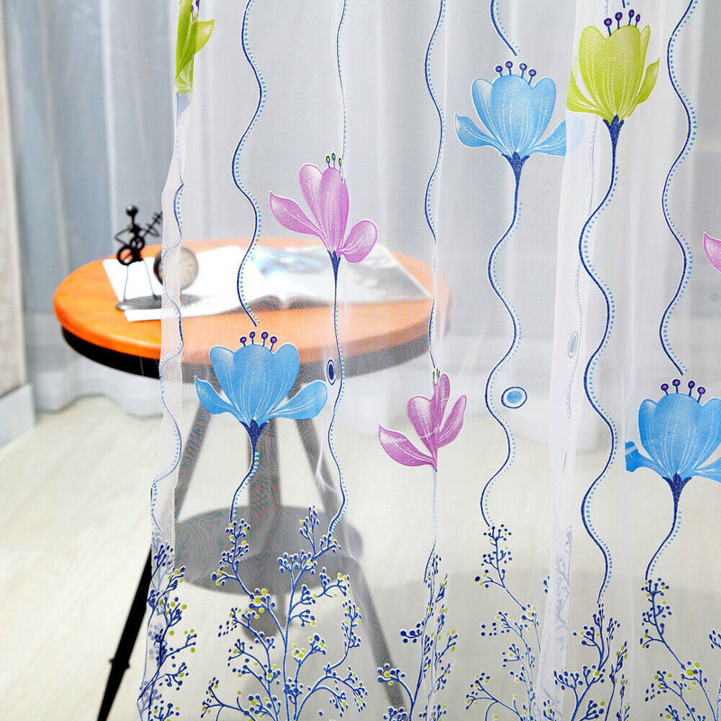 Flowers Print Translucent Curtains Windows Decor Tulle Sheer Drapes Blue