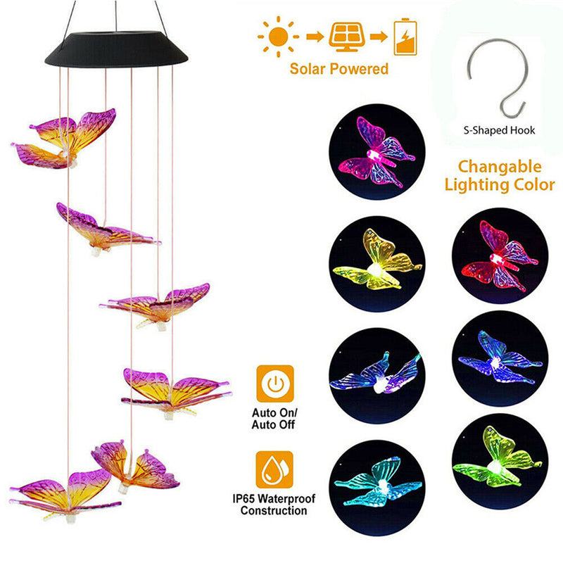 LED Solar Wind Chime Butterfly Light Color Changing IP65 Hanging Lamp (B) Newly