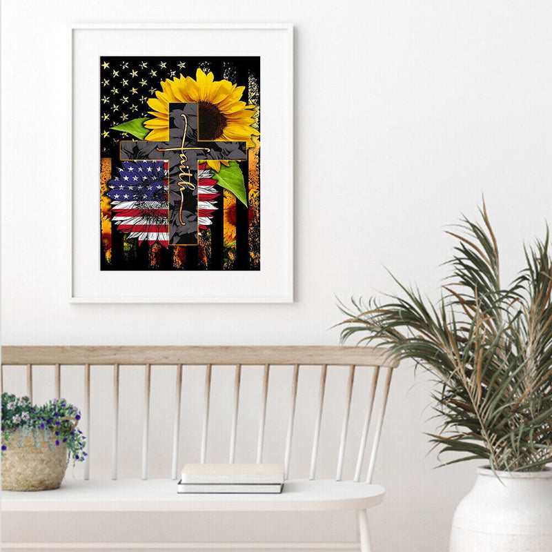 5D DIY Full Round Drill Diamond Painting Flag Flower on Cross Handmade Art Craft