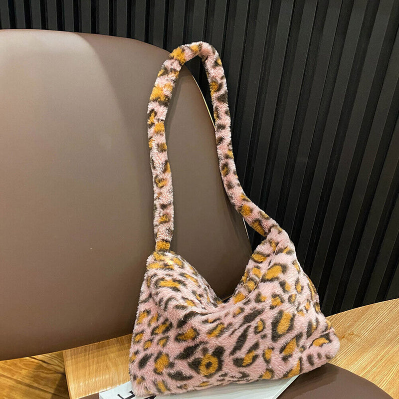 Animal Pattern Shoulder Underarm Bag Women Plush Top-handle Handbag (2)