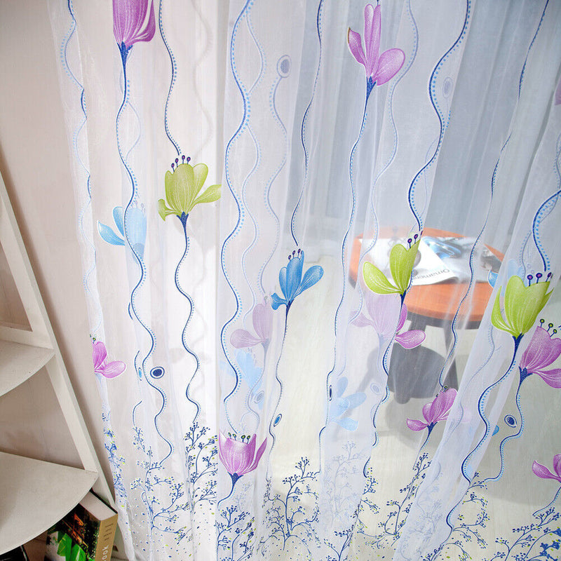 Flowers Print Translucent Curtains Windows Decor Tulle Sheer Drapes Blue