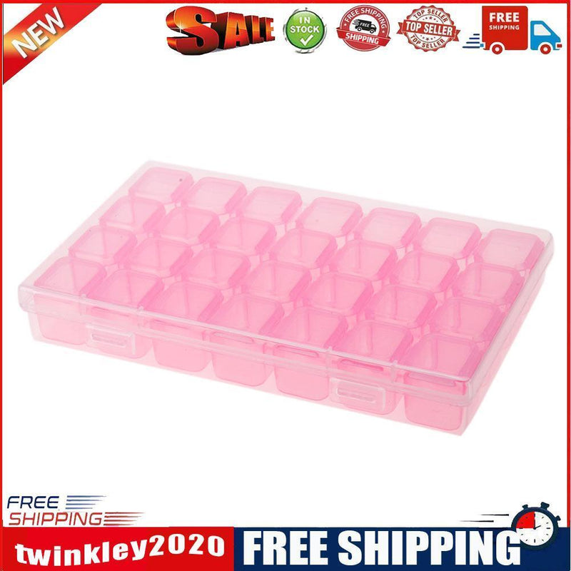 28 Slots Plastic Storage Box Nail Art Rhinestone Jewelry Display Case(Pink)