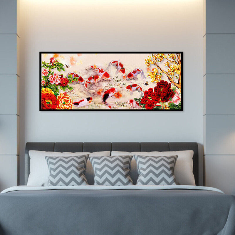 Full Embroidery DIY Canvas Print 11CT Cross Stitch Flowers Fishes Wall Decor Kit