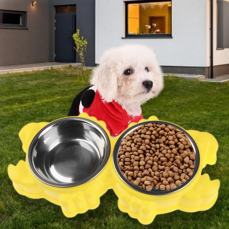 Dog Cat Drinking Bowl Stainless Steel Double Basins Pet Feeder (Yellow)
