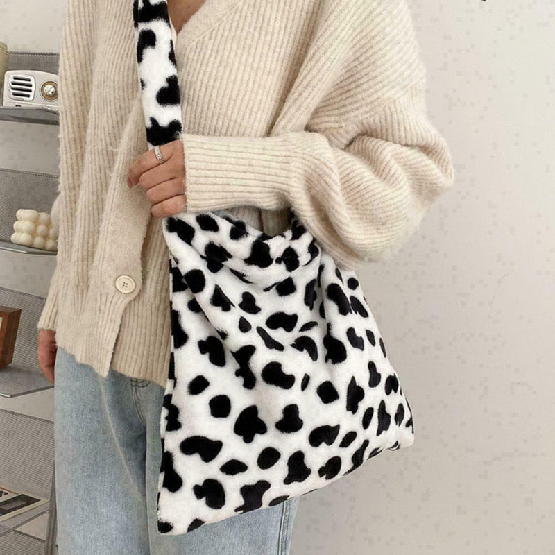 1*Retro Cow Print Plush Women Fashion Big Capacity Handbag Shoulder O0B3 G7H6