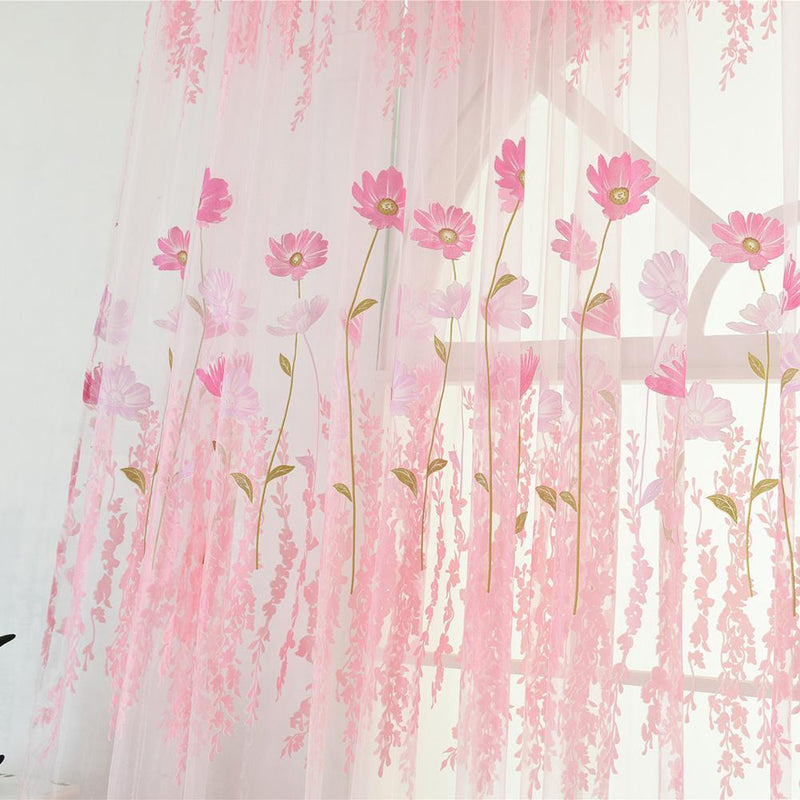 Offset Printing Sheer Curtain Yarn Tulle Window Screen Voile Panel(Pink)