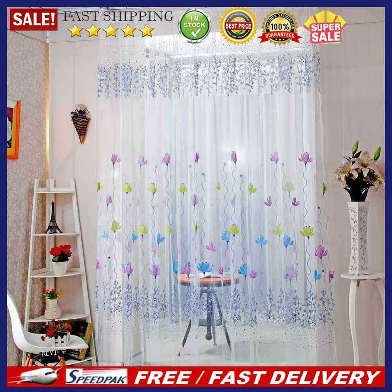 Flowers Print Translucent Curtains Windows Decor Tulle Sheer Drapes Blue