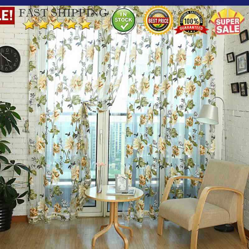 Window Curtain Flower Sheer Pattern Voile Valances Yellow 100x250cm