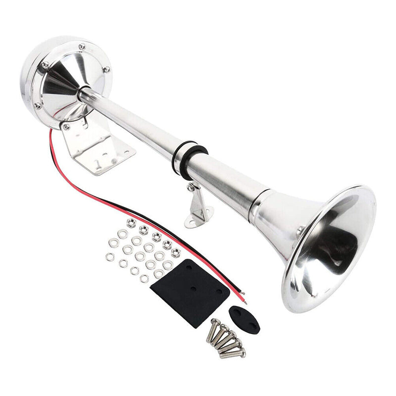 12V Stainless Steel Low Tone Single Trumpet Horn + Mounting Kit for Marine Boat