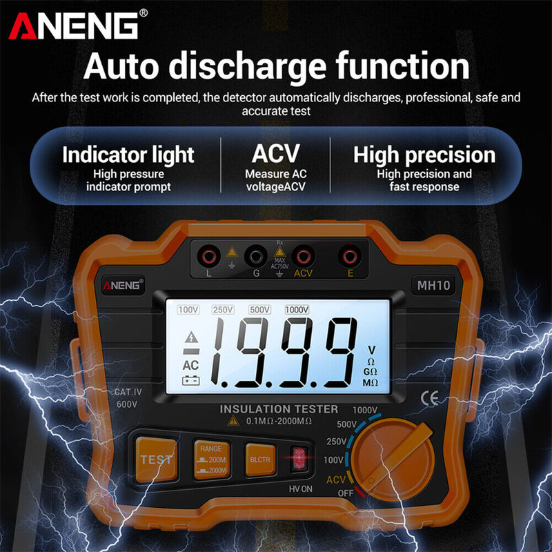 ANENG MH10 Digital Insulation Resistance Tester 100-1000V Megger (Orange) Newly