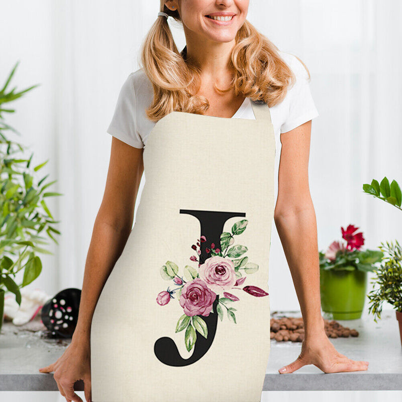 Letter J Printed Kitchen Apron for Women Cotton Linen Household Waterproof Bibs
