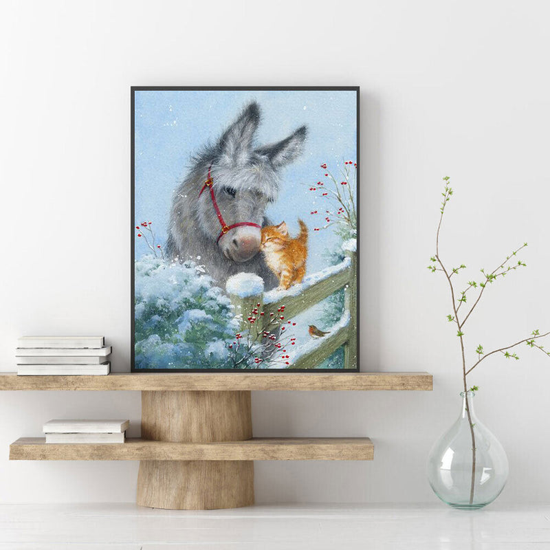 Donkey and Kitten Snow Oil Paint By Numbers Kits Canvas Wall DIY Picture