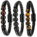 Jewelry PU Leather Magnetic Buckle Braided Bangle Mens Bracelet 8mm Lava Stone