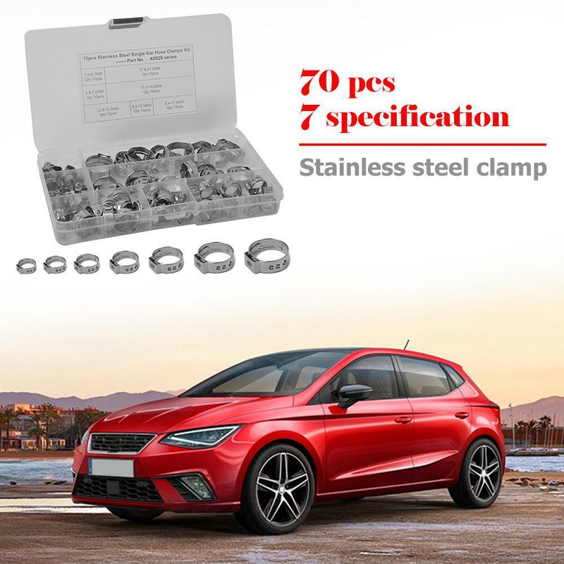 70pcs 7 Sizes Stainless Steel Single Ear Hose Clamps Fuel Air Pipe O Clips Newly