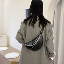 Fashion Solid Chest Bag Women PU Leather Beaded Chain Fanny Pack Crossbody Pouch
