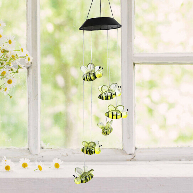 Solar Power Wind Chime Lamps Honey Bee Outdoor Hanging Light Home Garden Decor