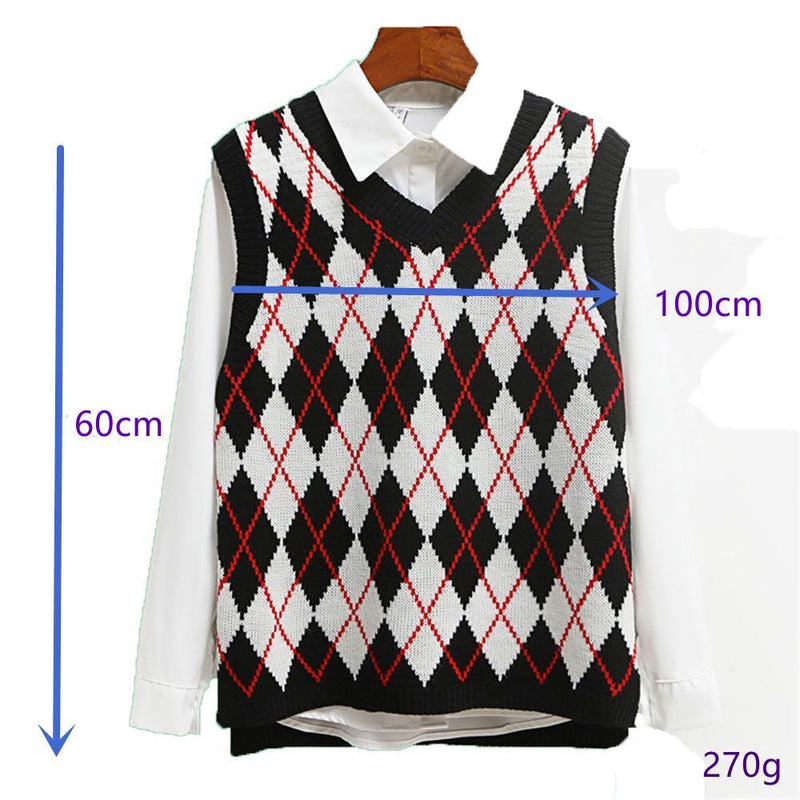 Y2K Loose sweater V Neck Knitwear top Plaid Knitted Sleeveless Sweater Vest
